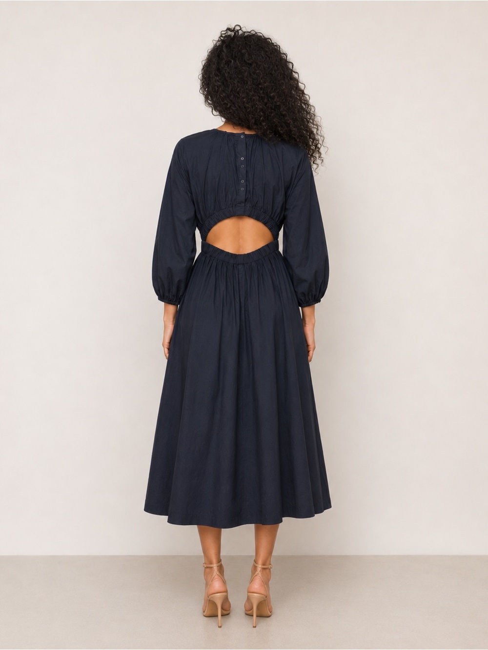 Zara Poplin Cotton Puff Sleeve Black Midi Dress - Picture 2 of 7